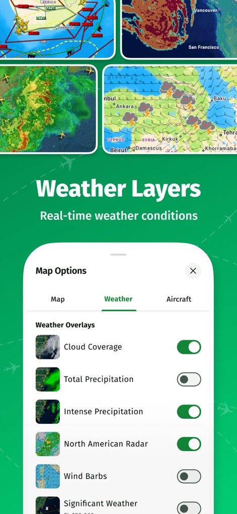 AirNav Radar – Flight Tracker - Users can overlay detailed real-time weather conditions onto their flight maps, selecting from options like cloud coverage and wind barbs for enhanced situational awareness.