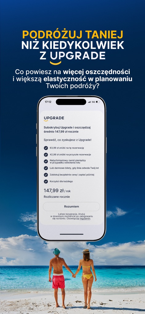 FRU - Tanie loty - Der Screenshot hebt die Vorteile der Upgrade-Mitgliedschaft hervor, darunter spezielle Rabatte von „63,99 zł“ auf zukünftige Buchungen und eine „größere Flexibilität“ bei Reiseentscheidungen.