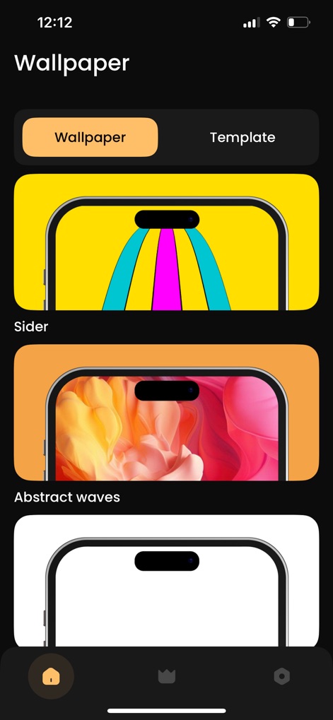 iland - 4K Wallpapers - The app presents a wide range of aesthetic options, from abstract designs like "Abstract waves" to vibrant patterns like "Sider", all accessible via the "Wallpaper" tab.
