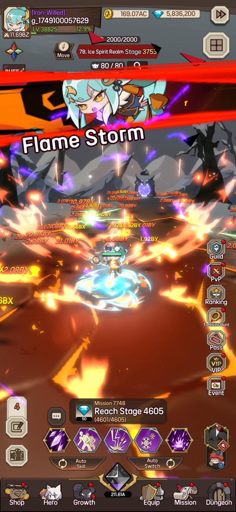 Switching Heroes - Behold the fiery 'Flame Storm' skill in action and navigate the intuitive UI tabs for Hero, Growth, and Equip management.