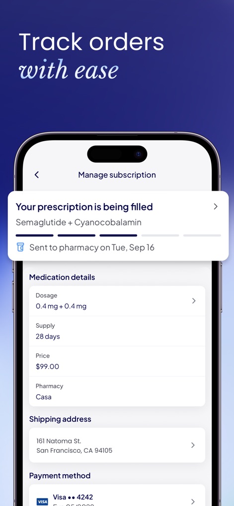 Mochi Health: Weight Loss Care - The app streamlines prescription management by providing clear "Medication details" such as dosage and supply, alongside easy options to update "Shipping address" and "Payment method" for ongoing care.