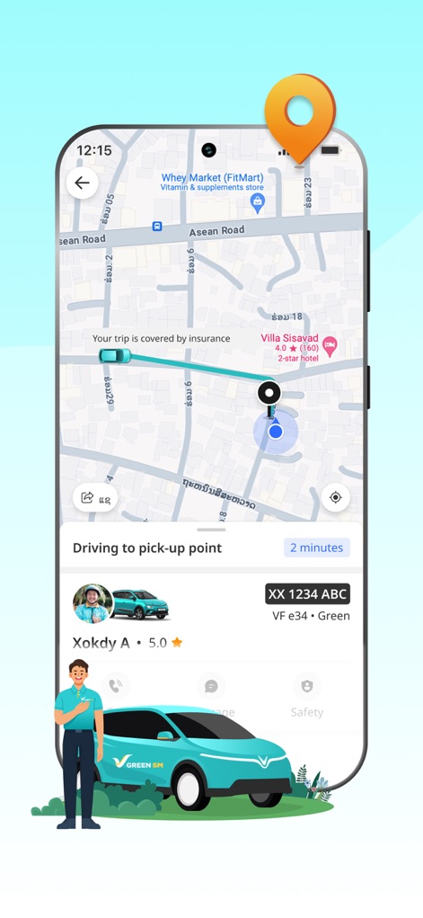 Green SM: Book EV rides - ユーザーは、リアルタイム地図追跡機能により車両の現在地を把握でき、ドライバー情報表示で氏名、評価、車両詳細を確認することで安心して乗車できます。