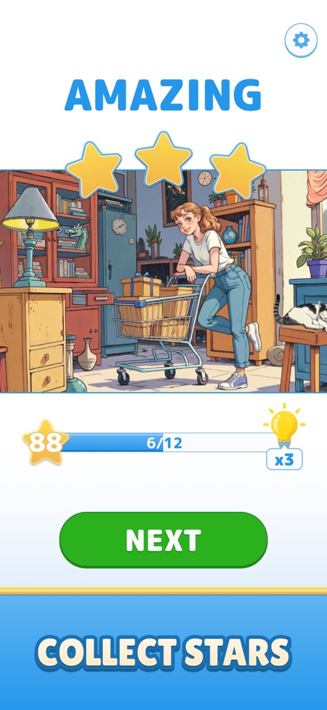 Find Master - Spot Differences - レベルをクリアすると、「AMAZING」という称賛と共に、ユーザーは室内でショッピングカートを押す人物の周りに散らばる星や、獲得した星の総数を表示するカウンターで、自身の進捗を確認できます。
