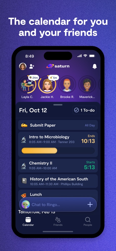 Saturn Calendar - Users can effortlessly view their daily schedule with detailed class timings and see friends' availability at the top for easy planning.