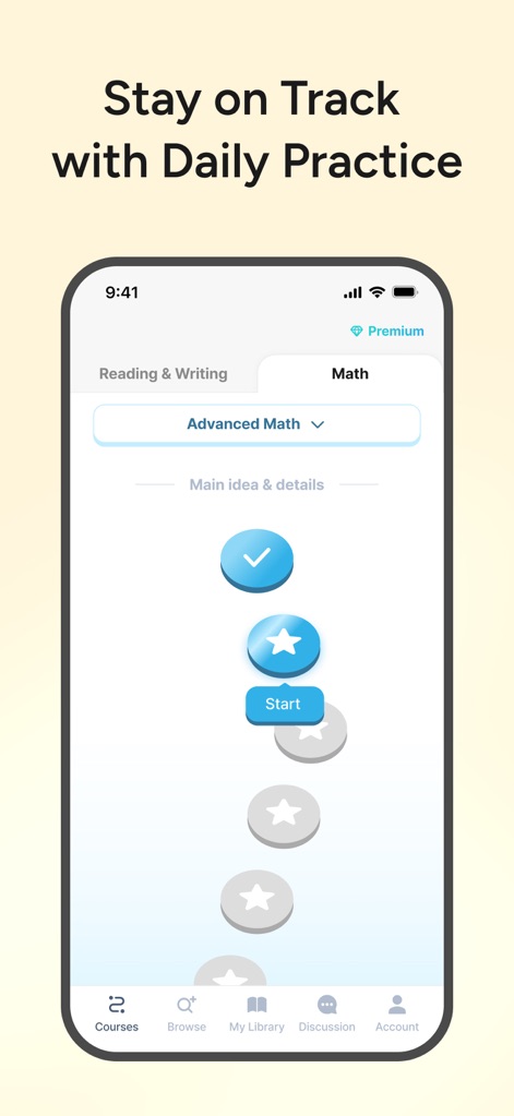 TestGenie: Digital SAT Prep - La aplicación facilita el seguimiento del progreso diario a través de un "camino visual con estrellas" que motiva al usuario, y una "organización clara por materias" como Math y Reading & Writing.