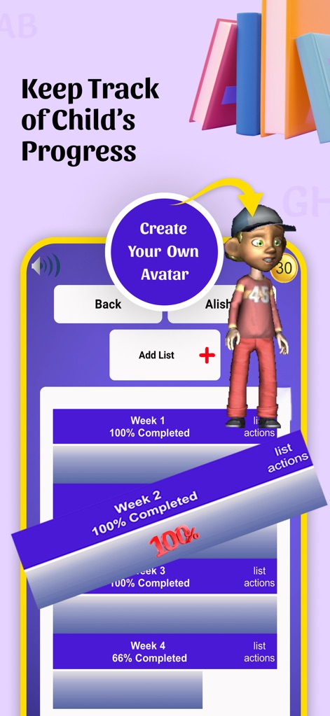 Spelling Bee & Homework Tests - I genitori possono facilmente monitorare i progressi del bambino con un chiaro riepilogo delle liste di ortografia completate (X) e la possibilità di creare un avatar personalizzato (Y) per ogni studente.