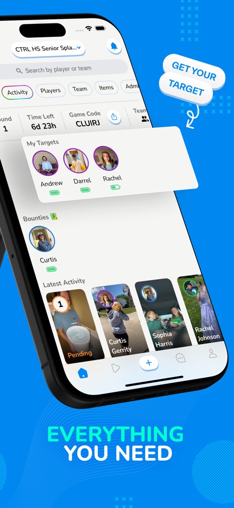 Splashin - Users can quickly access their assigned targets and view the latest activity feed, keeping them informed about game progress and events.