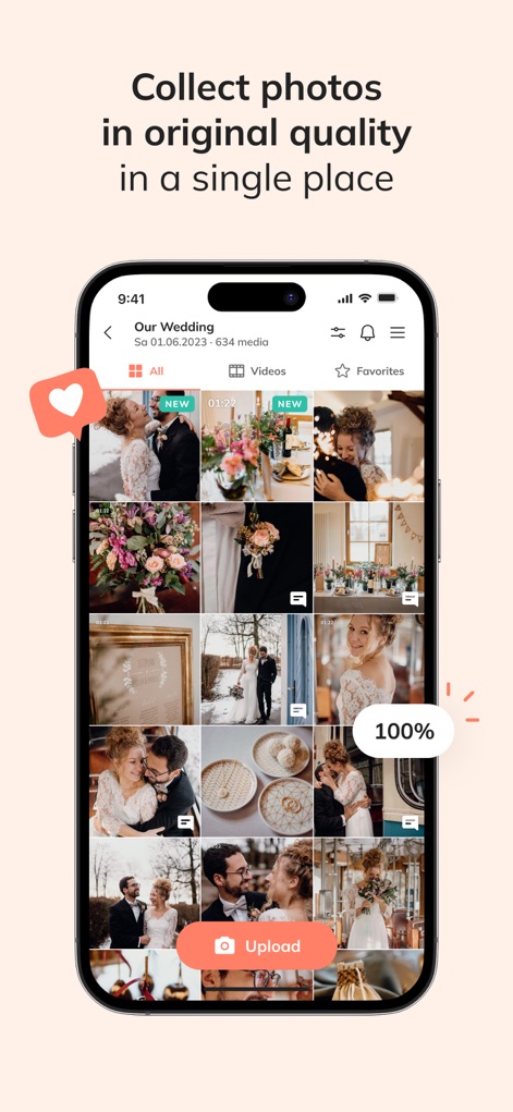 celebrate: share photo & video - This tool streamlines media management, allowing users to collect photos in original quality within a single album and track upload progress with a clear "100%" indicator.