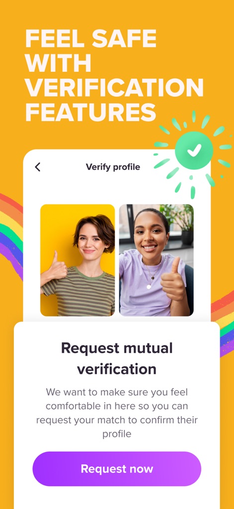 Zoe: Lesbian Dating & Chat - To 'FEEL SAFE WITH VERIFICATION FEATURES,' the platform guides users through a 'Verify profile' process, allowing them to 'Request mutual verification' for added trust and comfort.
