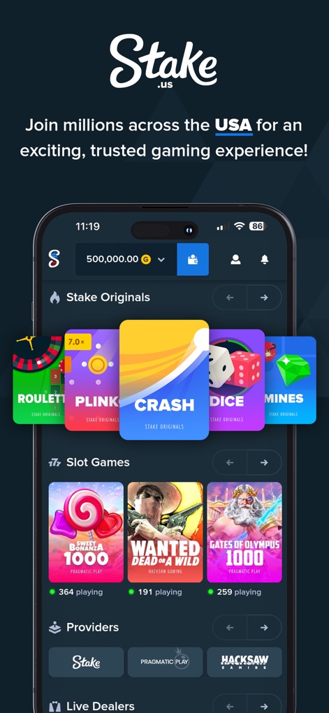 Stake US - Casino & Slots - Explore the app's vast offerings, showcasing 'Stake Originals' for unique play and a categorized list of popular 'Slot Games'.