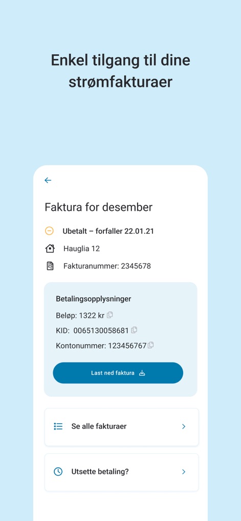 Mitt NTE - Esta seção consolida todas as faturas, apresentando detalhes claros como o status "Ubetalt" e o valor de 1322 kr para a fatura de dezembro, além de um botão dedicado para "Last ned faktura".