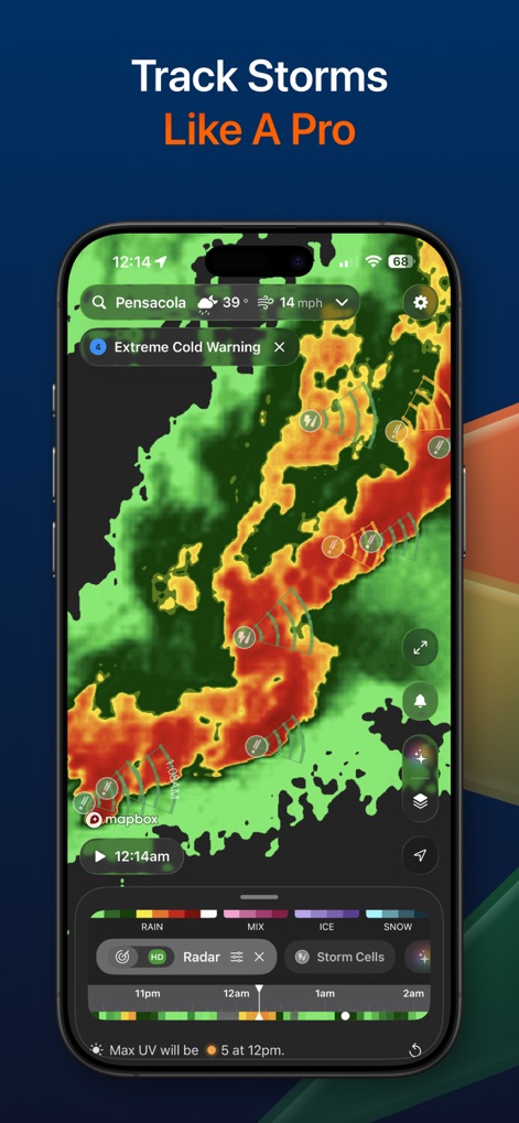 Storm Radar: Weather Tracker - Users can effectively track severe weather, observing an 'Extreme Cold Warning' overlay and a detailed timeline for storm cell movement.