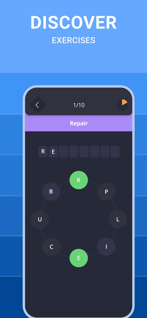 Learn English A1-C1: 2Shine - アプリは「Repair」のような単語を再構築するインタラクティブな文字並べ替えパズルと、進行状況を示す「1/10」の表示で、学習をゲーム感覚で進められます。