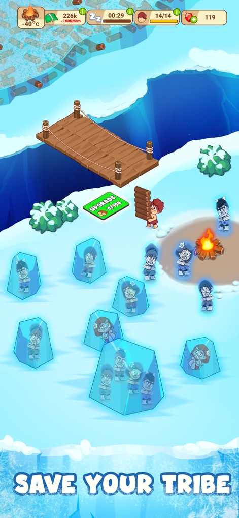 Icy Village: Survival Idle - Il gioco evidenzia l'urgenza di liberare i villici dal ghiaccio, con un fuoco acceso vicino a un gruppo sbloccato e l'opzione di upgrade visibile.