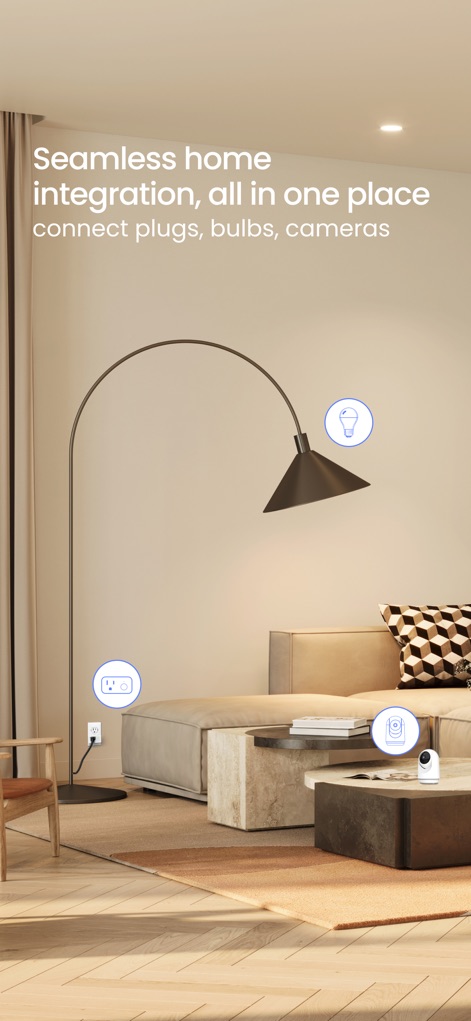 Feit Electric - La aplicación permite una integración fluida de dispositivos, visualizando el control de enchufes inteligentes y bombillas, junto con la gestión de cámaras de seguridad.