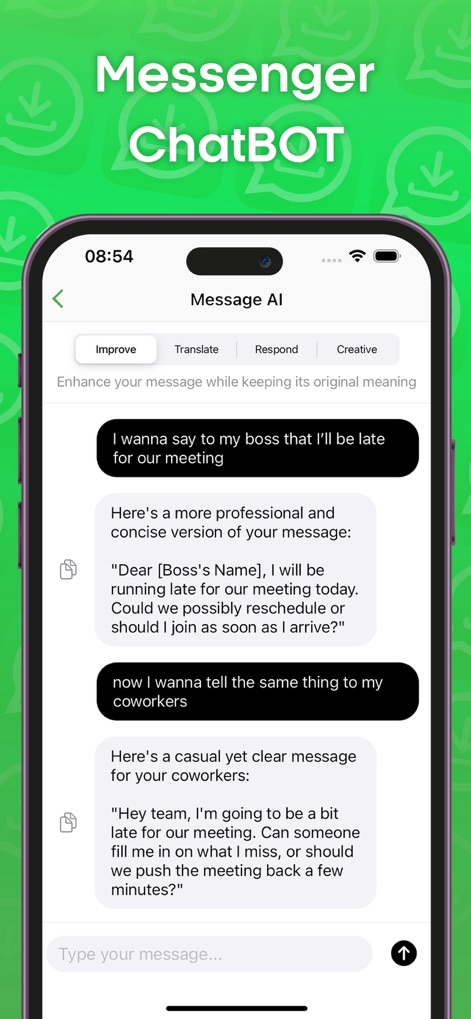 Status Saver and Save Story - See the intelligent 'Message AI' interface in action, offering instant text improvement suggestions and translation capabilities for refined communication.
