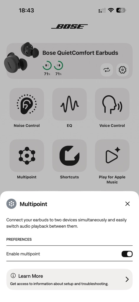Bose QC Earbuds - Utilize multipoint connectivity to effortlessly switch between two paired devices, ensuring an uninterrupted audio experience across different platforms.