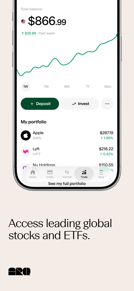 ARQ (formerly DolarApp) - This view presents a comprehensive investment portfolio overview with a balance growth graph and a clear list of holdings in leading stocks and ETFs.