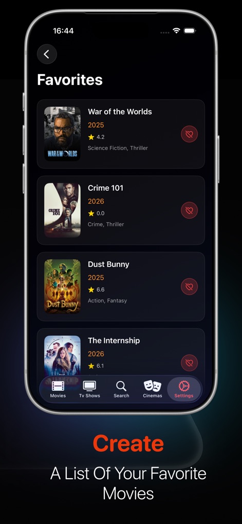 Noor Cinema : Movie App - The app allows users to curate a "Favorites" list, where each entry clearly displays the movie's title and its associated genre for quick review.