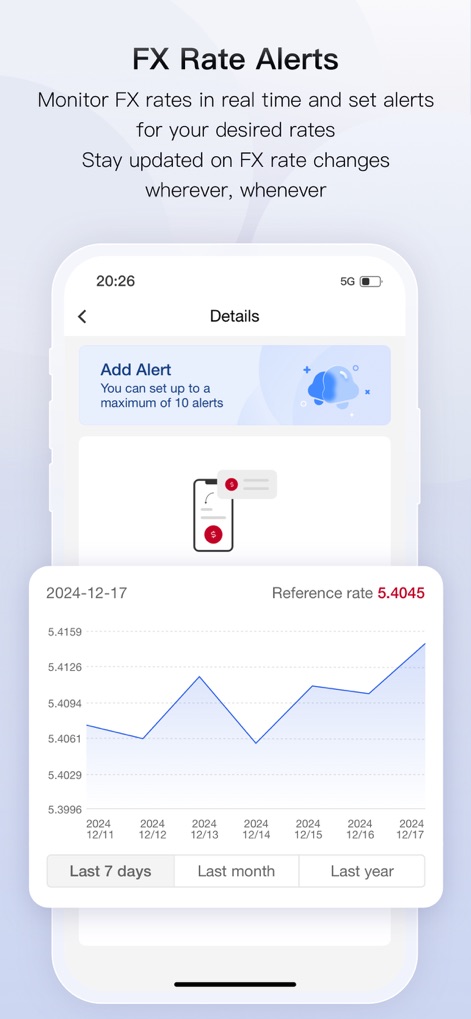 Bank of China - 本ツールは、FXレートのグラフ表示とアラート設定機能により、ユーザーが希望する為替レートの変動をリアルタイムで監視し、情報を見逃しません。