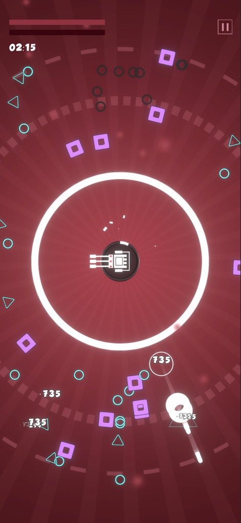 Geometry Tower: Idle Defense - Observe the app's minimalist tower design engaged in battle, facing varied enemy geometries moving dynamically across the stylized combat arena.