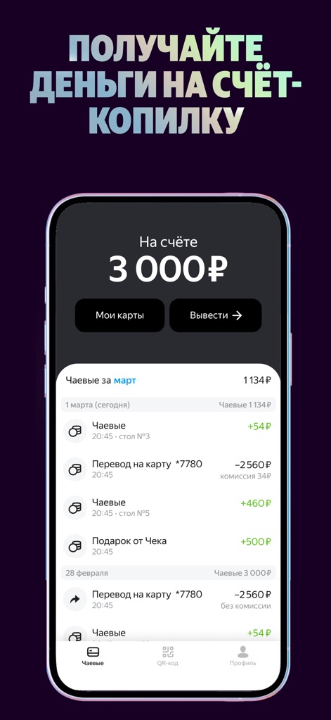 Яндекс Чаевые: на карту по QR - The app clearly displays the current account balance of 3 000₽ and provides a detailed transaction history with individual tip amounts like +54₽.