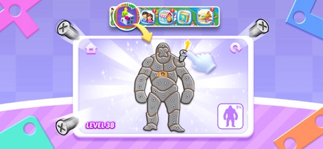 Merge Topia-Screw Jam - L'immagine mostra il gameplay Screw Jam, dove gli utenti devono risolvere un puzzle a forma di gorilla rimuovendo le viti, come indicato dal livello 38 e l'interfaccia intuitiva.