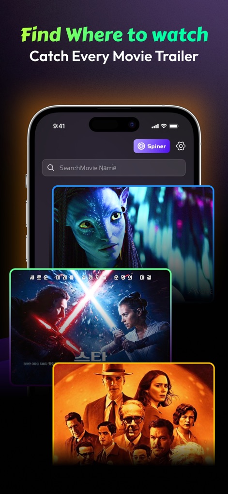 Moviebox : KDrama & Shows - The app facilitates quick content location with its "SearchMovie Name" input field and presents high-quality movie posters like 'Avatar' and 'Star Wars' for visual browsing.