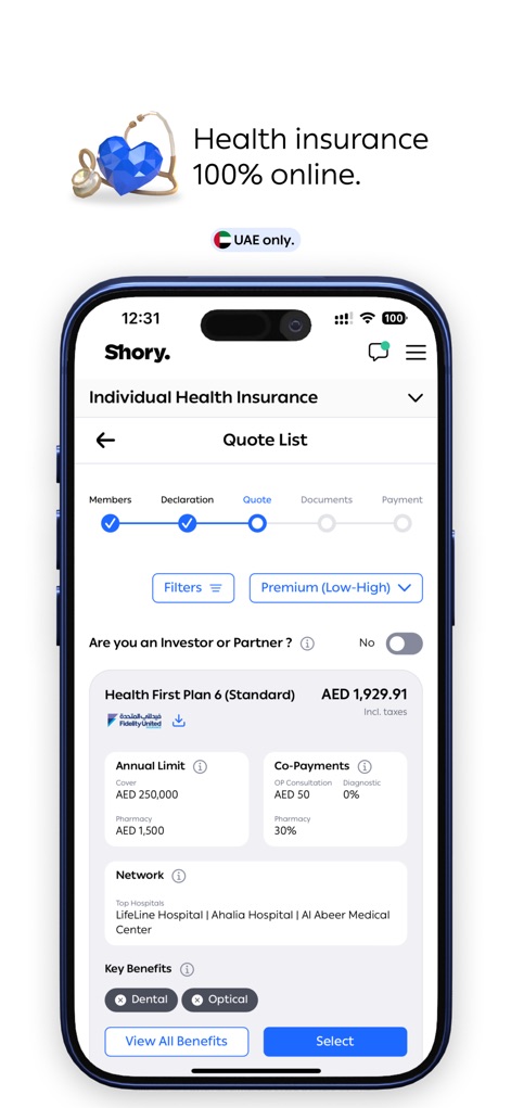 Shory Insurance | شوري - Dieses Bild demonstriert die Online-Krankenversicherung mit einer detaillierten Angebotsliste, die jährliche Limits und Netzwerkdetails wie Lifeline Hospital hervorhebt.