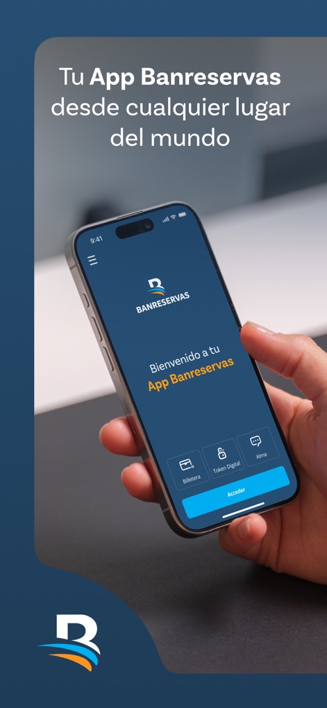 Banreservas - La captura inicial exhibe la pantalla de bienvenida de la aplicación, destacando el logotipo "Banreservas" y las opciones de navegación rápida como "Billetera" y "Token Digital", para una experiencia de usuario fluida.