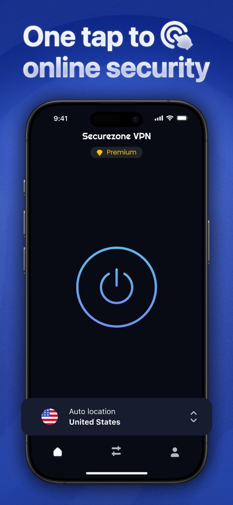 VPN Super Fast Securezone Best - Esta tela inicial destaca o botão central de ligar/desligar para ativar a VPN, e a opção de "Auto location United States" na parte inferior.