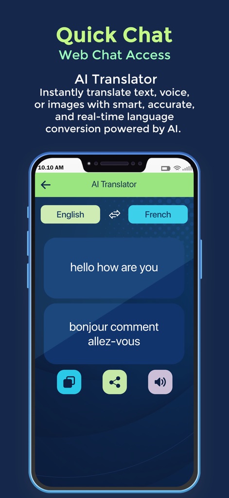 Whats Web Scanner: Quick Chat - Esta captura destaca la función de traducción por IA, mostrando una conversión de texto de 'English' a 'French' y ofreciendo opciones intuitivas para copiar, compartir o reproducir el audio de la traducción.