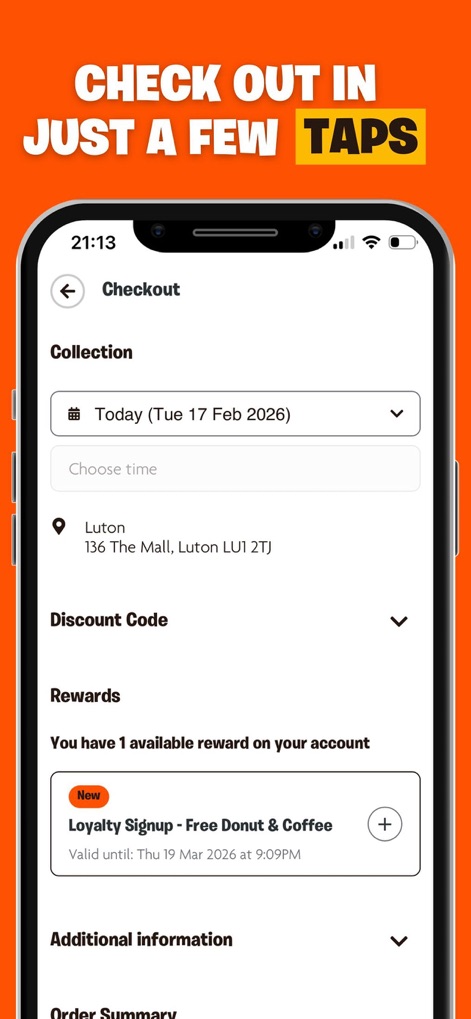 Wenzel’s Loyalty App - The platform streamlines the purchase process, allowing users to 'CHECK OUT IN JUST A FEW TAPS' by choosing a collection time and applying available rewards like the 'Loyalty Signup - Free Donut & Coffee'.