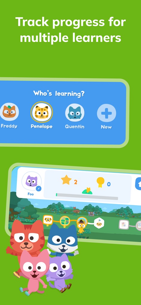 Learn Spanish – Studycat - This tool allows parents to create multiple learner profiles, as shown by the "Who's learning?" selection, and visualize individual progress with a clear learning path and star rewards.