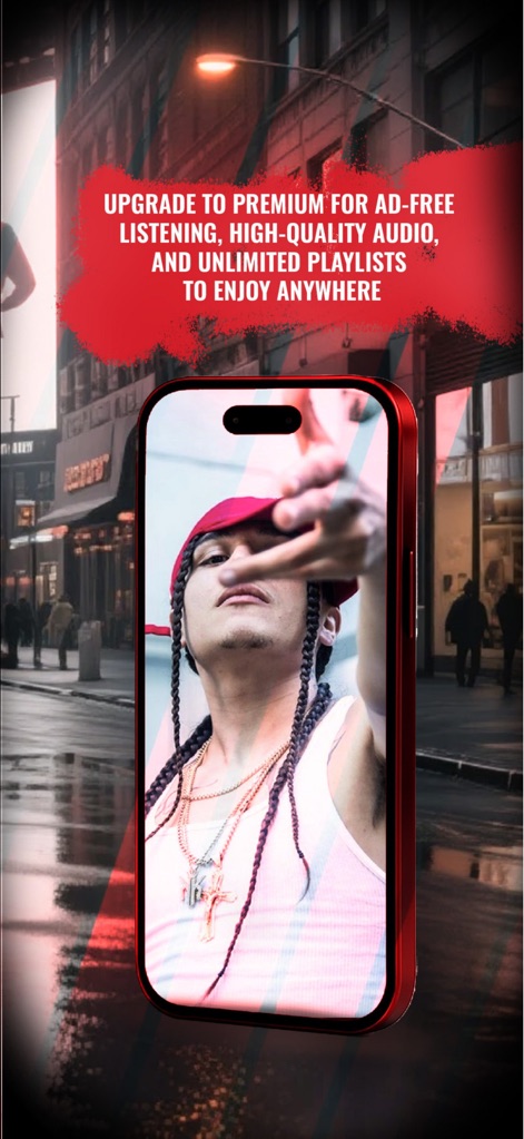 MyMixtapez: Playlists 24/7 - This visual emphasizes the value proposition of the app's premium features, such as ad-free listening and high-quality audio, represented by the artist's engagement.