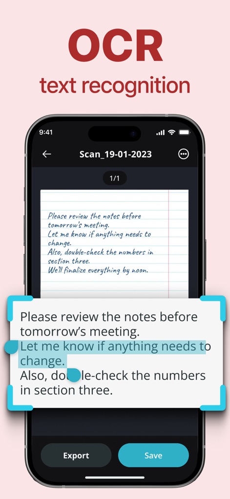 PDF Scanner Converter Document - La aplicación convierte texto manuscrito a formato digital, mostrando el texto resaltado que ha sido reconocido y un botón de "Export".