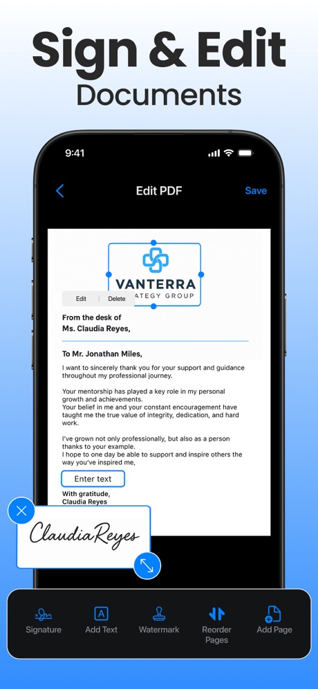 Scanner App - Scan PDF & Docs App Store screenshot 2, headline “Sign & Edit”. Has a subline.