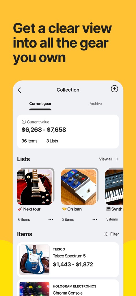 Reverb: Buy & Sell Music Gear - Questa sezione “Collection” permette di organizzare la strumentazione, mostrando una stima del “Current value” del proprio equipaggiamento e raggruppando gli articoli in “Lists” personalizzate.