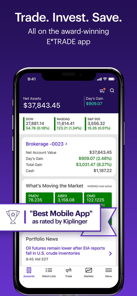 E*TRADE: Invest. Trade. Save. - The app provides a clear overview of "Net Assets" and "Day's Gain", complemented by "What's Moving the Market" tiles for quick insights.