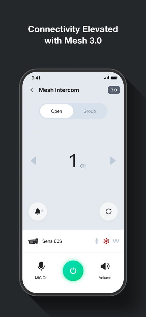 Sena Motorcycles - The app offers robust control over 'Mesh Intercom', allowing users to select between 'Open' and 'Group' modes and precisely adjust communication 'Volume'.