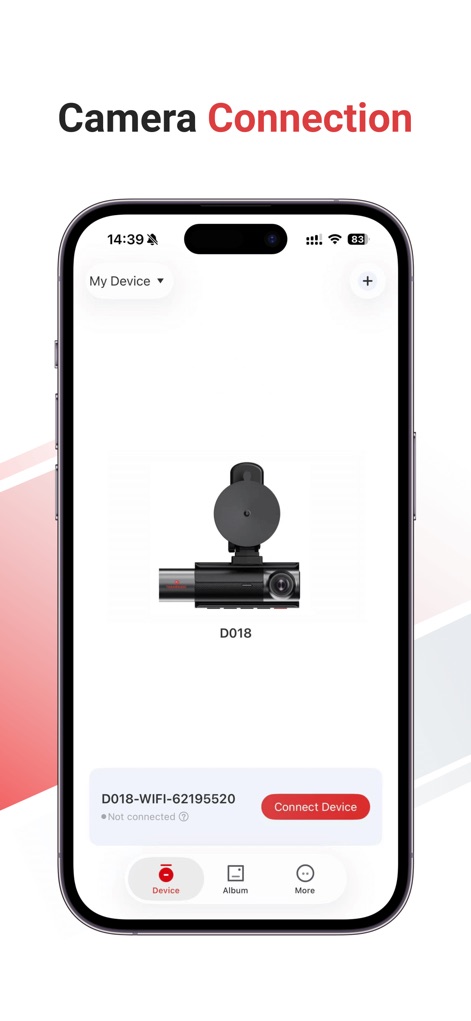 TERUNSOUL - Muestra la dash cam D018 con el estado 'Not connected' y un prominente botón 'Connect Device' en rojo, invitando a la configuración.
