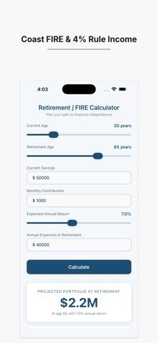 Retire Early Calc: FIRE Plan iPhone screenshot