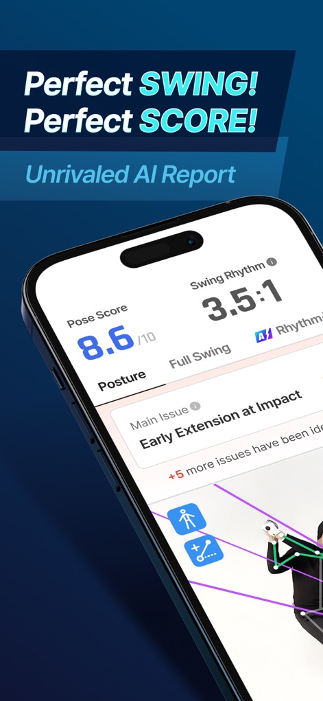 GolfFix AI Golf Swing Analyzer - Dieses Bild zeigt die detaillierte Pose-Bewertung von 8.6 und die Erkennung des Hauptproblems "Early Extension at Impact" durch die App, visualisiert durch die AI-Overlay-Technologie.
