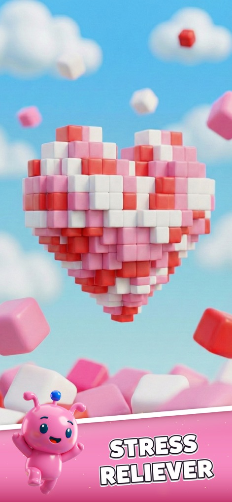 Voxel Blast Jam - The app presents its vibrant, colorful voxel heart designs, alongside a cheerful 3D character, offering a truly stress-relieving experience.