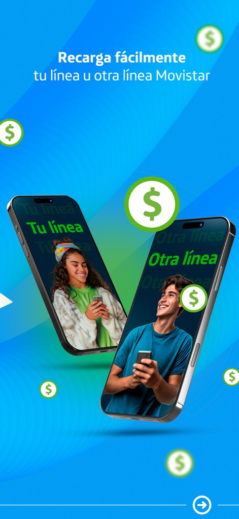 Movistar MX–Tu línea en la App - Esta función facilita las recargas, permitiendo a los usuarios elegir entre 'Tu línea' o 'Otra línea Movistar', con íconos de '$' que refuerzan la transacción monetaria.