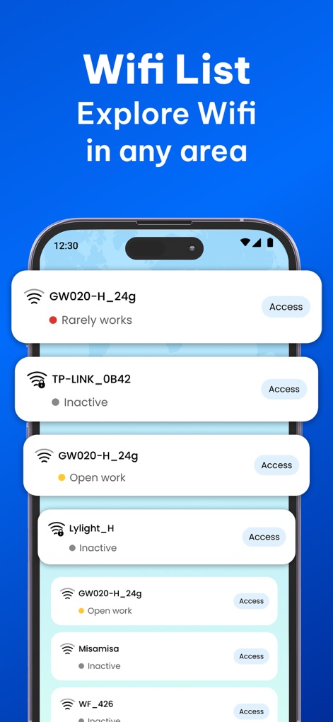 WiFinder: Wifi Location Map - This tool organizes nearby Wi-Fi options into a clear dynamic list, providing useful status indicators for each network, such as 'Rarely works' or 'Open work'.