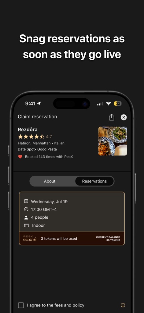 ResX - Secure highly sought-after tables with a single tap, viewing crucial reservation details and the applicable ResX rewards tokens for claiming.