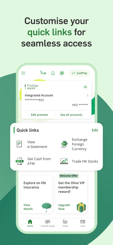 Hang Seng Personal Banking - Users can tailor their experience by customizing "Quick links" to easily access functions like "View e-Statement" and "Exchange Foreign Currency."