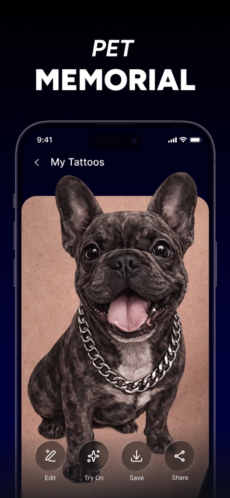 AI Tattoo Generator - INKDNA - Die Anwendung erlaubt die Erstellung emotionaler Haustierporträt-Tattoos, wie das Beispiel eines französischen Bulldoggen-Tattoos zeigt, das direkt bearbeitet und geteilt werden kann.