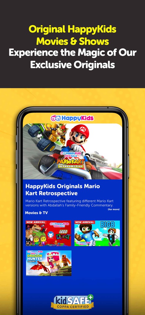 HappyKids - Videos for Kids - Users can discover exclusive 'HappyKids Originals' such as the 'Mario Kart Retrospective', presented alongside other engaging original series like 'LEGO Quest'.